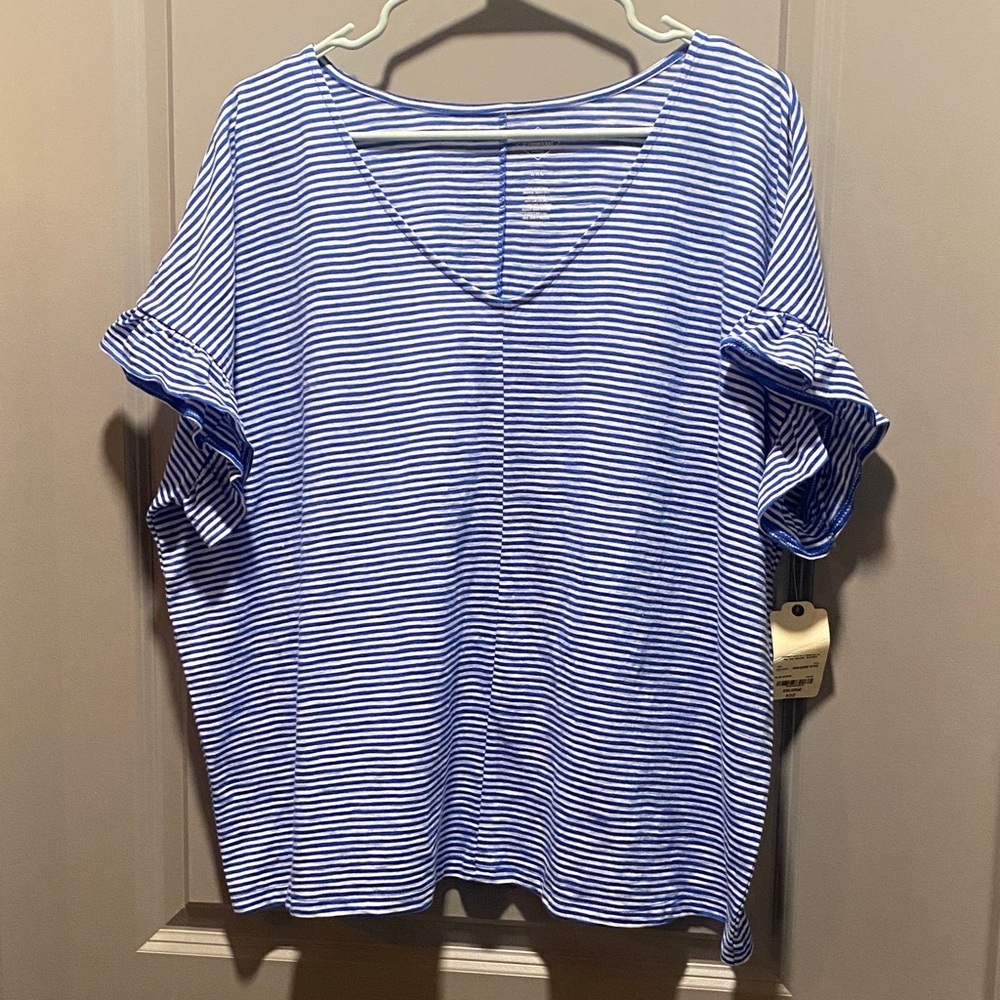 Striped 100 Cotton Tee XXL Blue White Ruffle Sleeve V Neck Summer Casual Top NWT